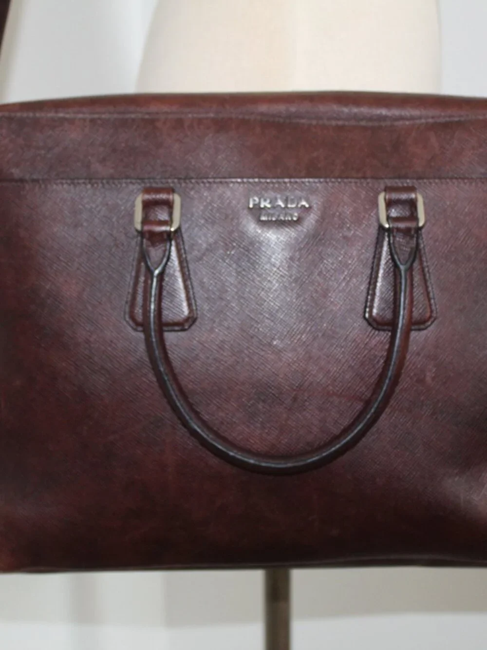 Prada Brown Saffiano Leather Briefcase Work Shoulder Tote Bag Logo Document Case